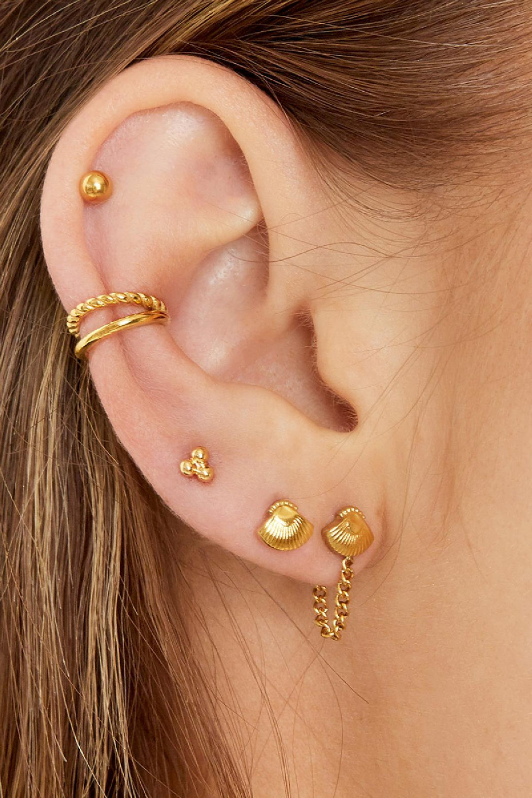 Dubbel earcuff touw & glad Goud kleur Stainless Steel