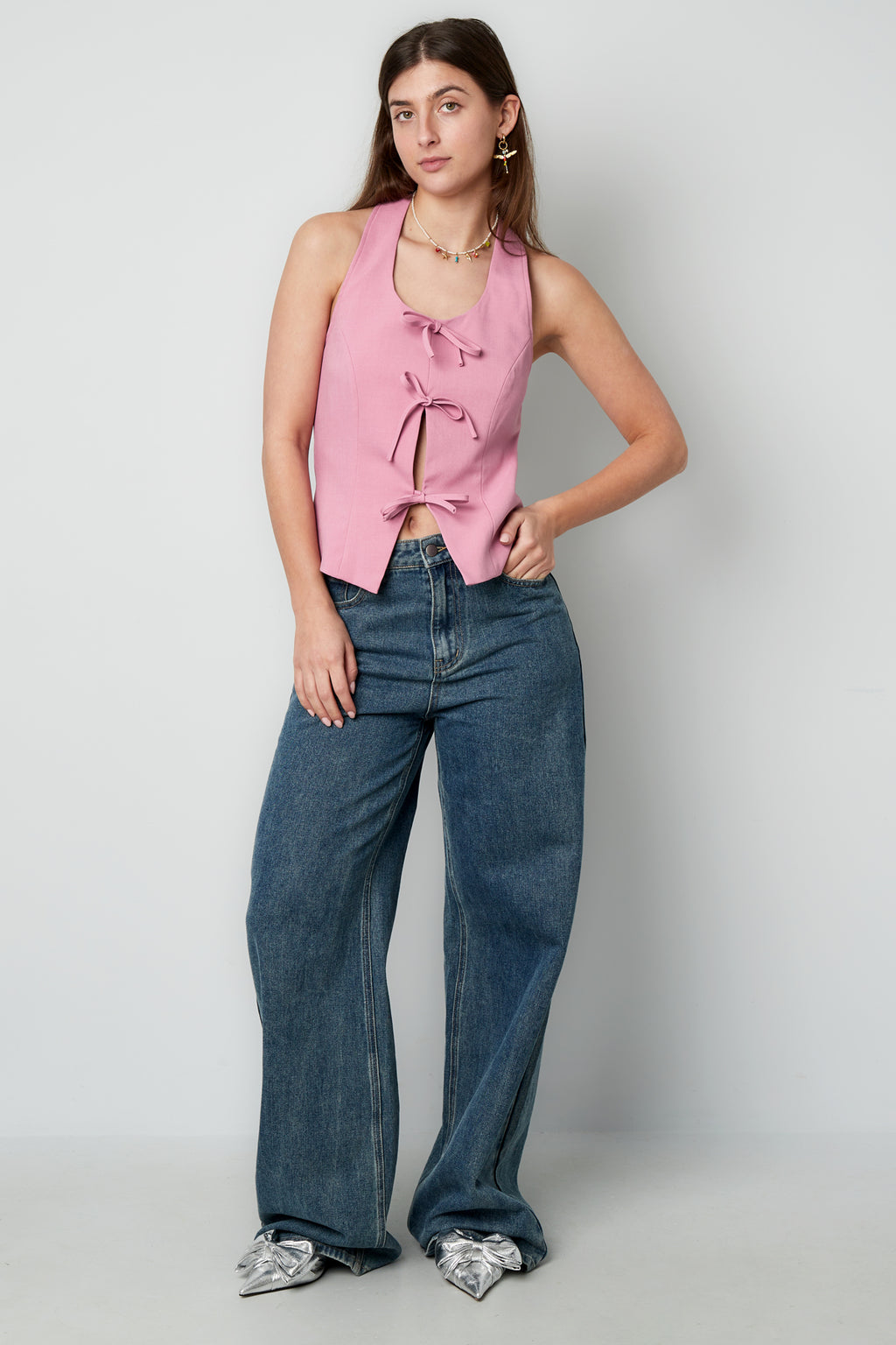 Geweven Polyestervezel Vrouwen Mouwloze Top Casual Boog Detail