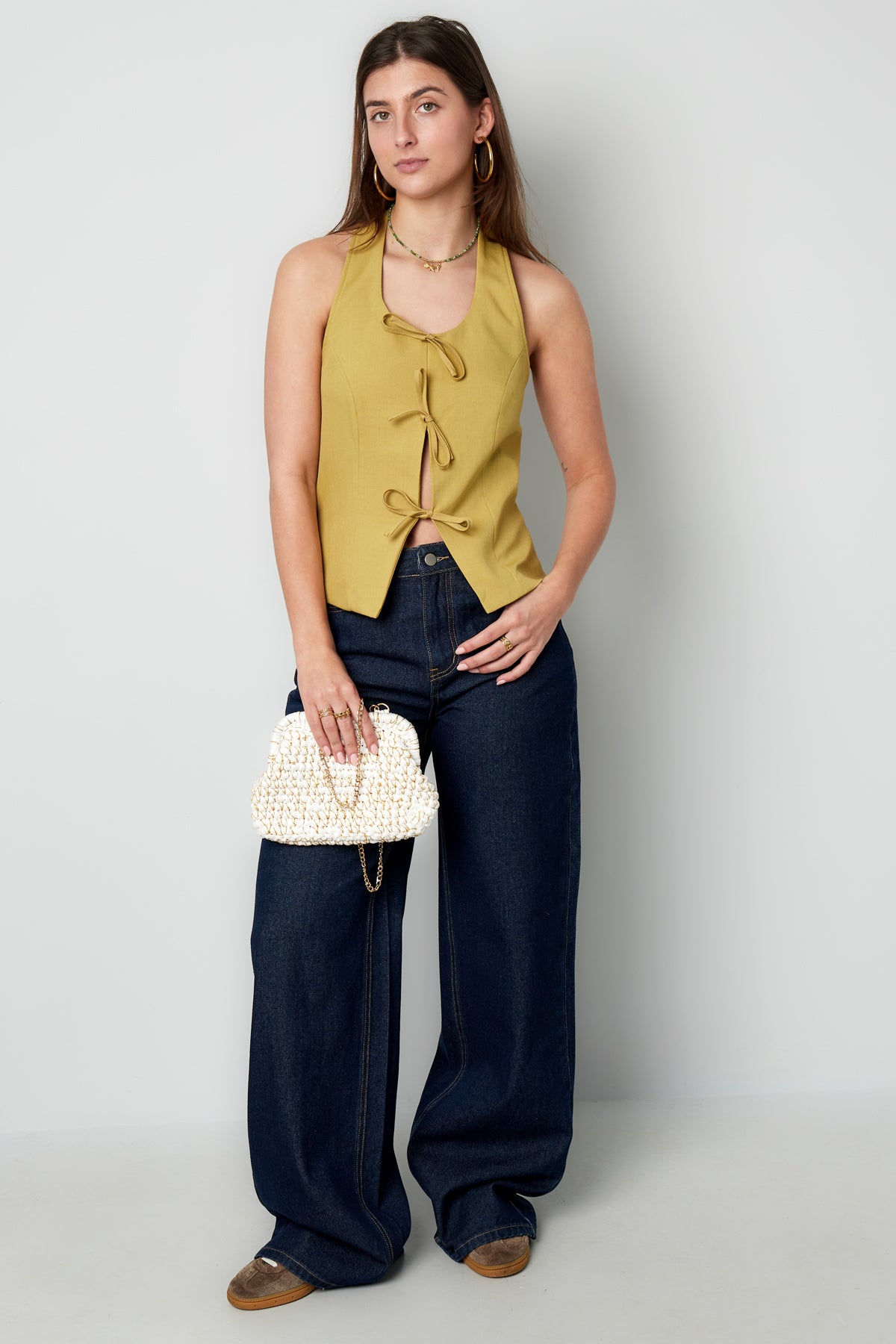 Geweven Polyestervezel Vrouwen Mouwloze Top Casual Boog Detail