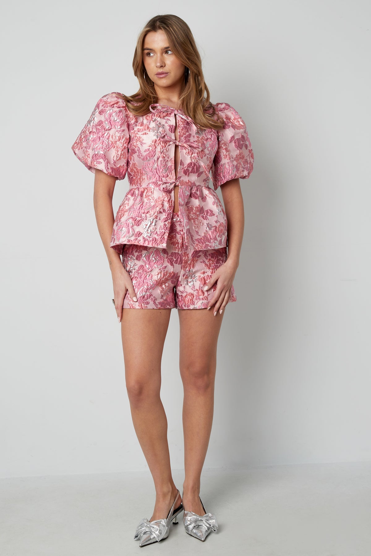Geweven Polyestervezel Vrouwen Korte Mouw Top Elegante Bloemenprint