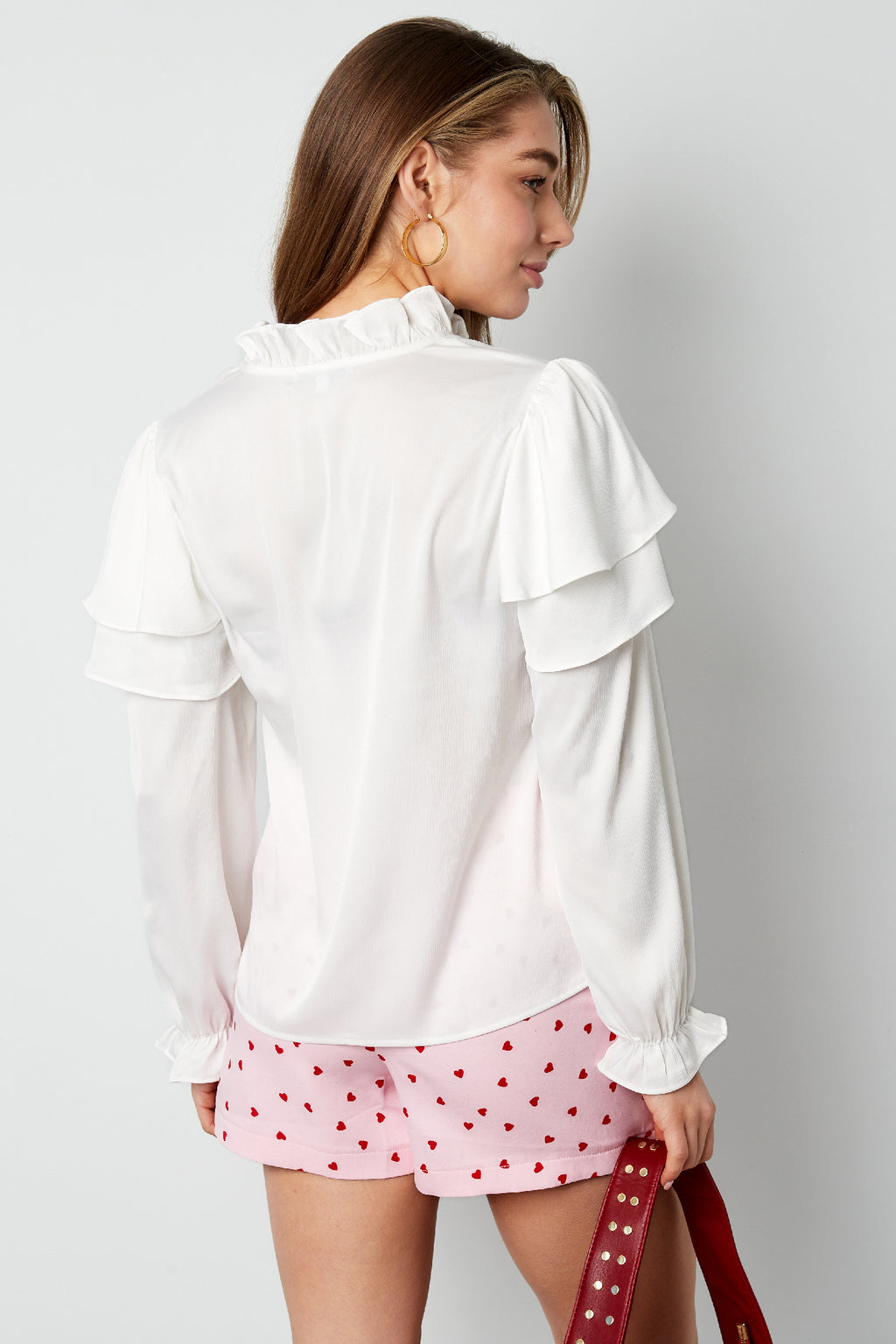 Polyester Vrouwen Lange Mouw Top Met Plooien V-Hals
