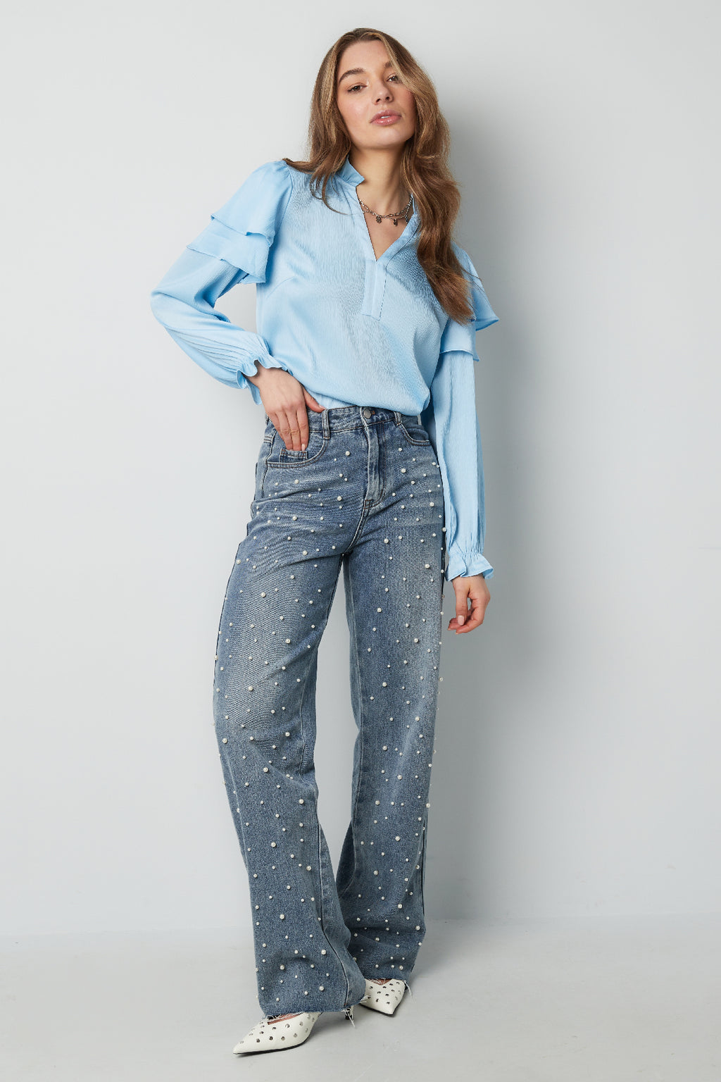 Polyester Vrouwen Lange Mouw Top Met Plooien V-Hals