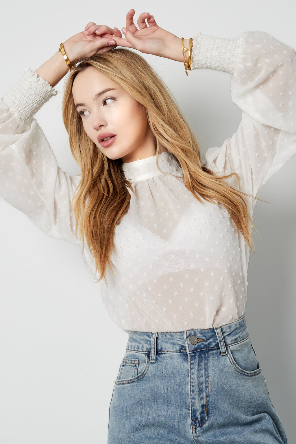 Polyester Vrouwen Lange Mouw Top Puff Sleeve Hoge Hals