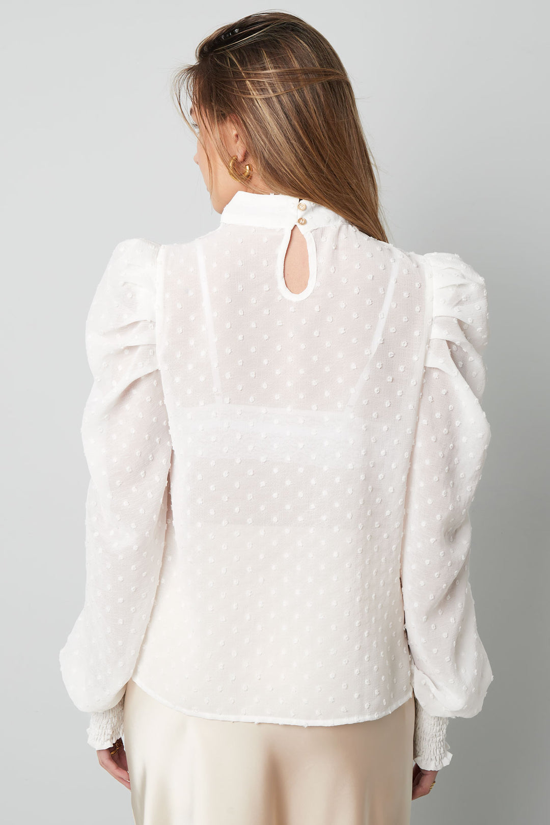 Polyester Vrouwen Lange Mouw Top Puff Sleeve Hoge Hals