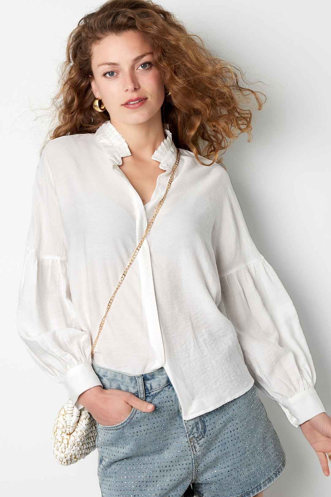 Viscose Vrouwen Overhemd Puff Mouw Hoge Kraag