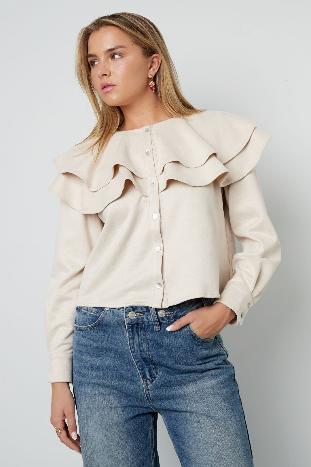 Woven Polyester Fiber Vrouwen Blouse Elegant Ruffle Trim