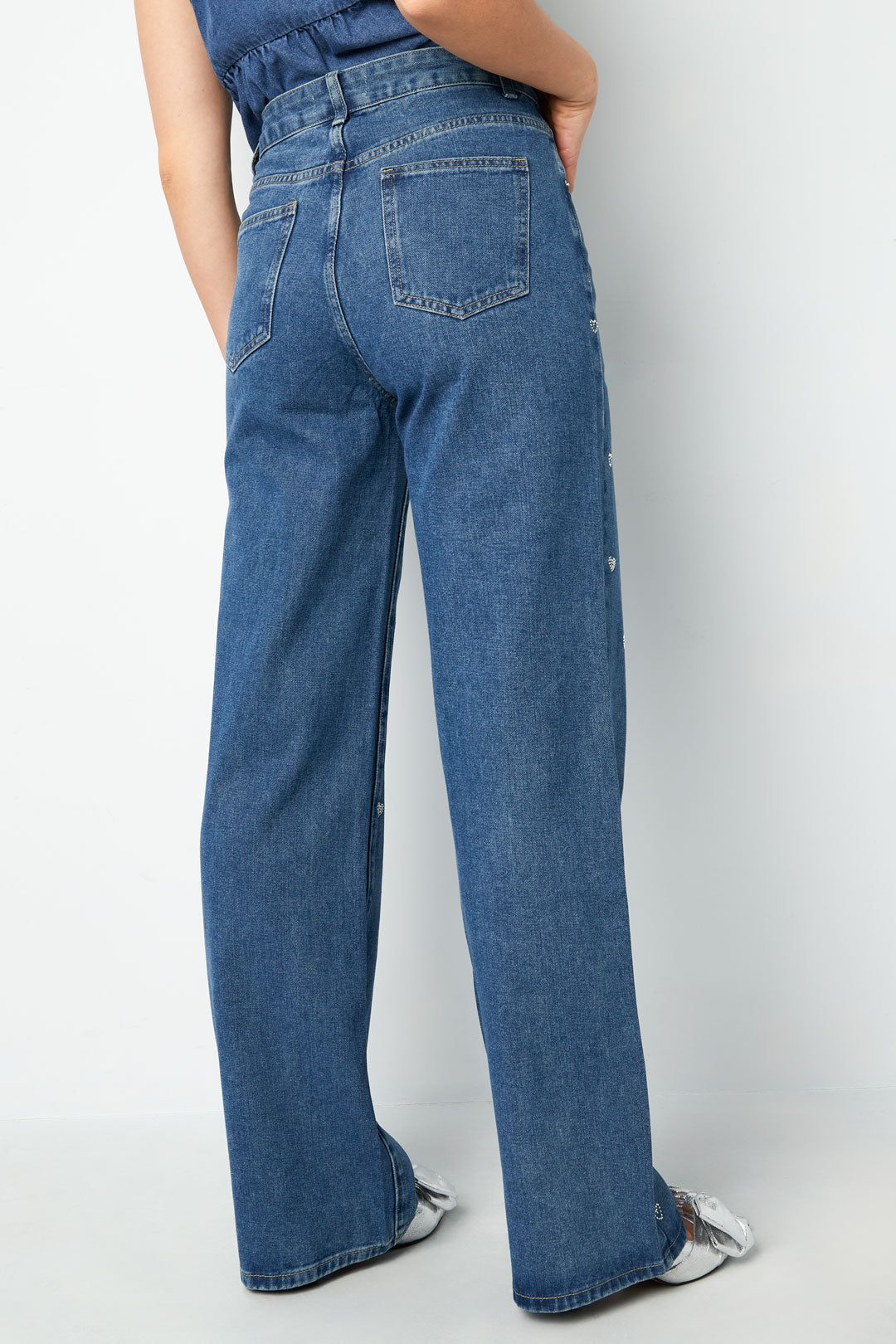 Cotton Woven Vrouwen Rechte Jeans Hart Borduurwerk Casual
