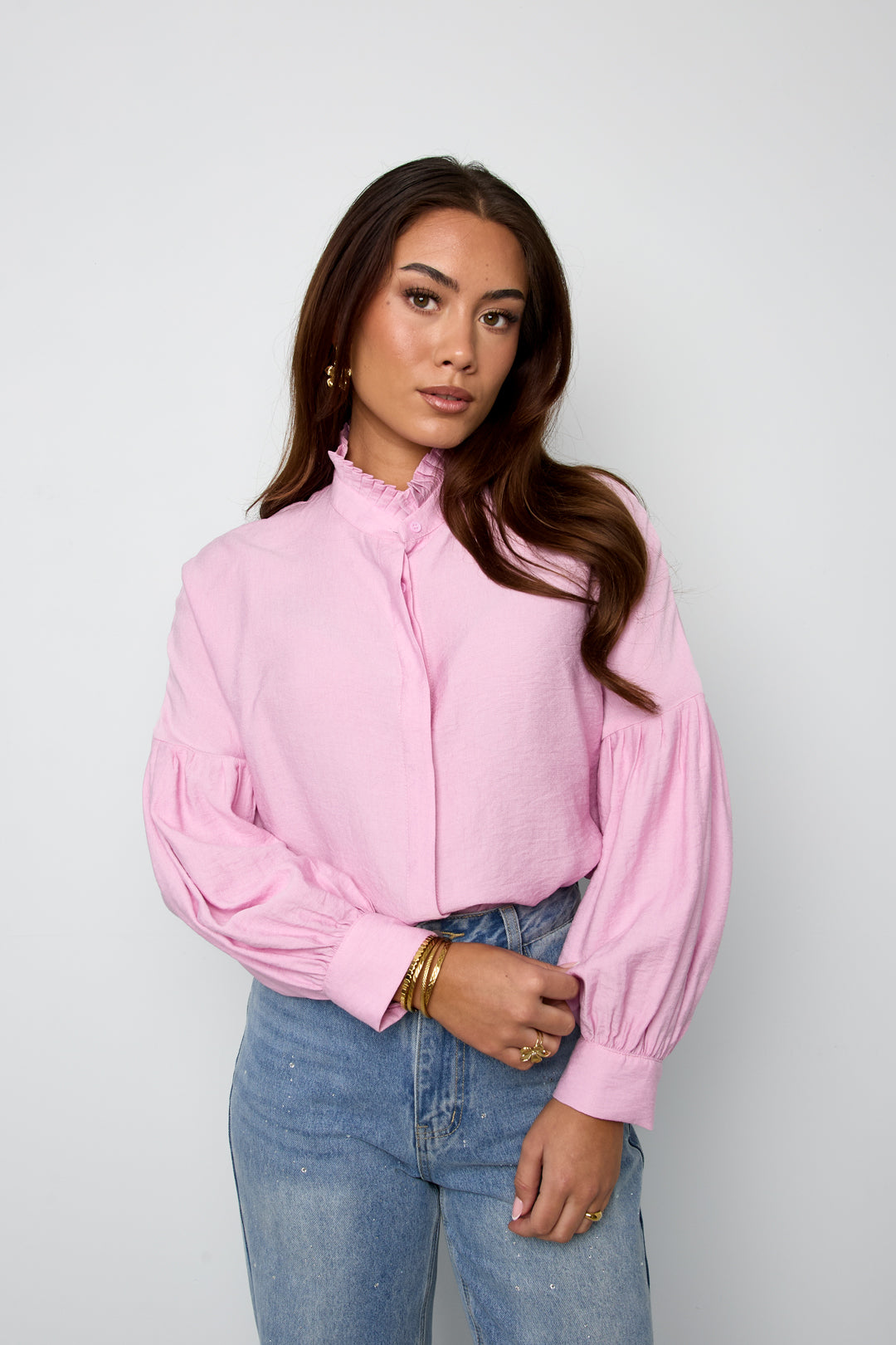 Viscose Vrouwen Overhemd Puff Mouw Hoge Kraag