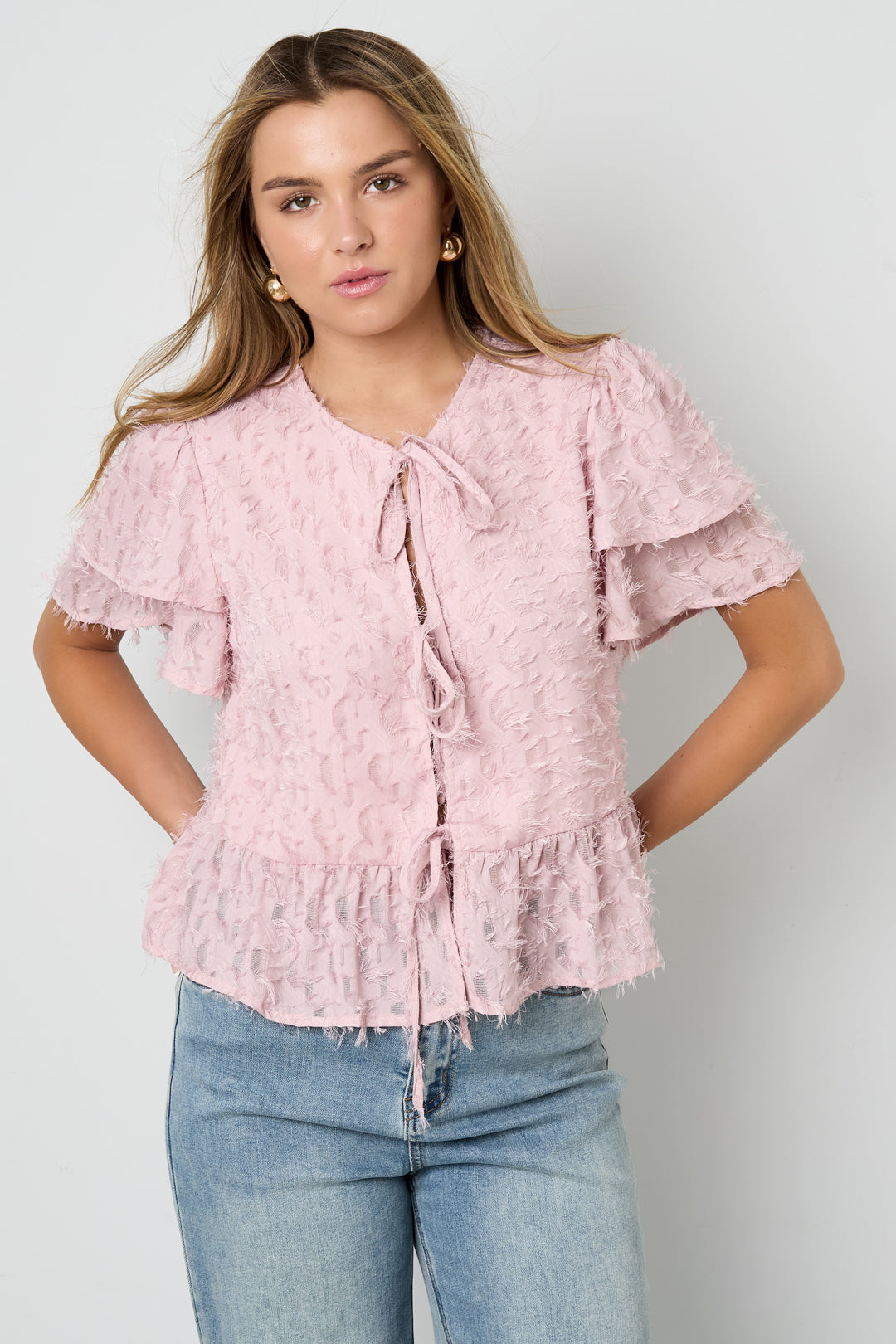 Geweven Polyestervezel Vrouwen Korte Mouwen Tops Elegante Sluiting Solide Kleur