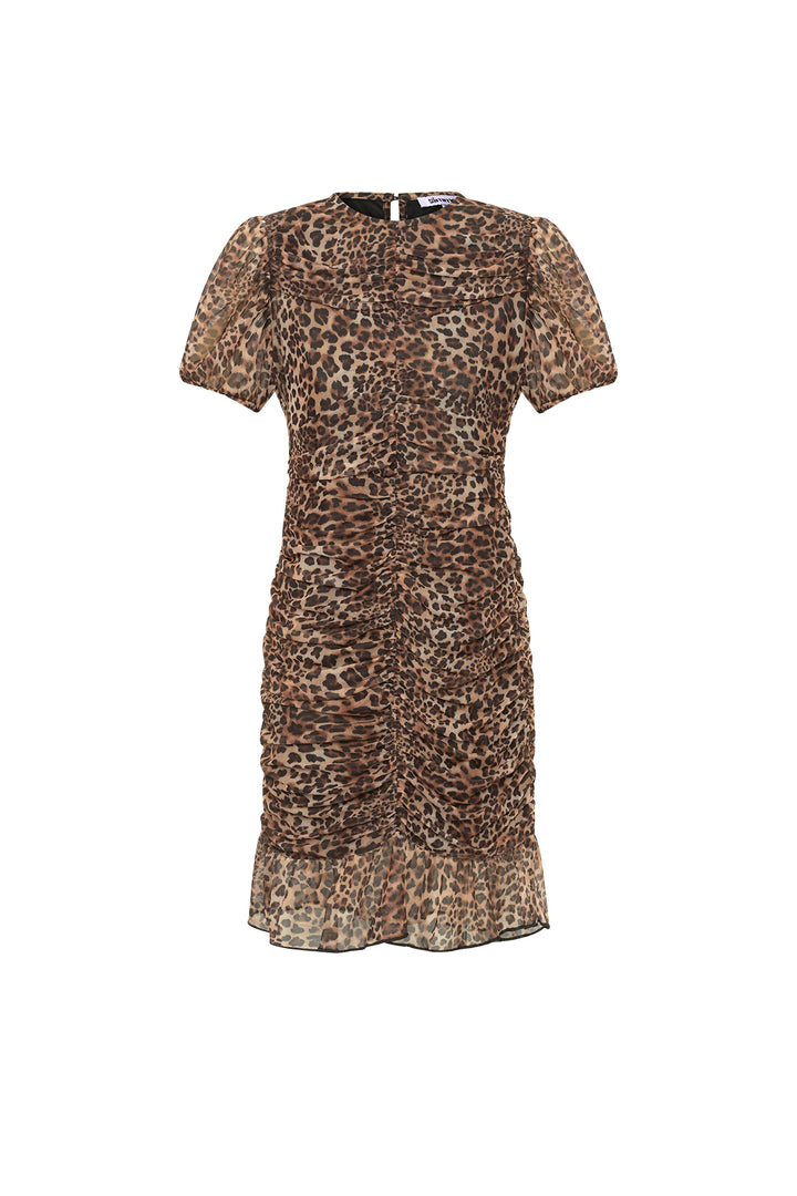 Geweven Polyester Mini Jurk Elegante Luipaardprint Ruchesrand