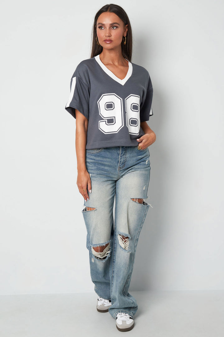 Gebreide Katoen Vrouwen V-hals T-shirt Sportief Kleurcontrast