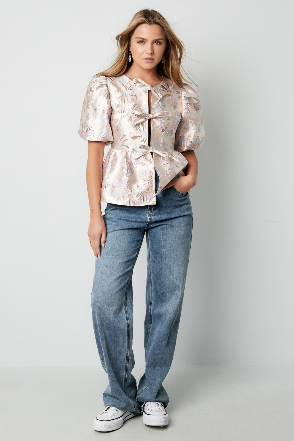 Geweven Polyestervezel Vrouwen Korte Mouw Top Elegante Bloemenprint