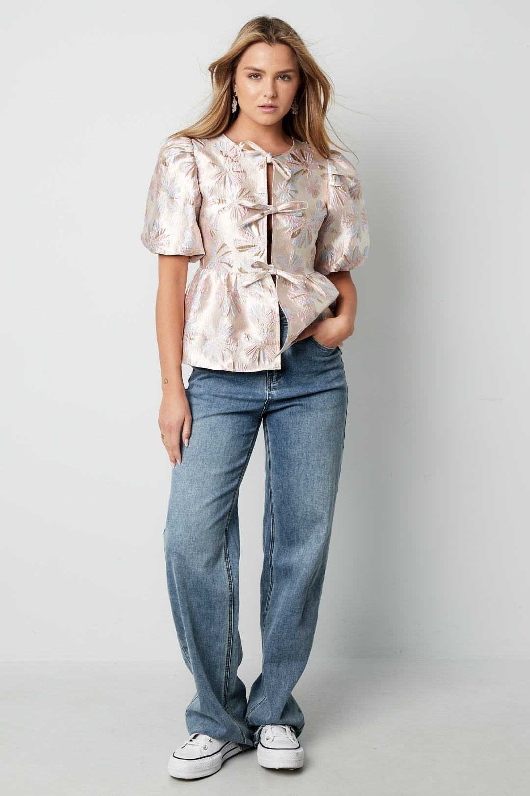 Geweven Polyestervezel Vrouwen Korte Mouw Top Elegante Bloemenprint