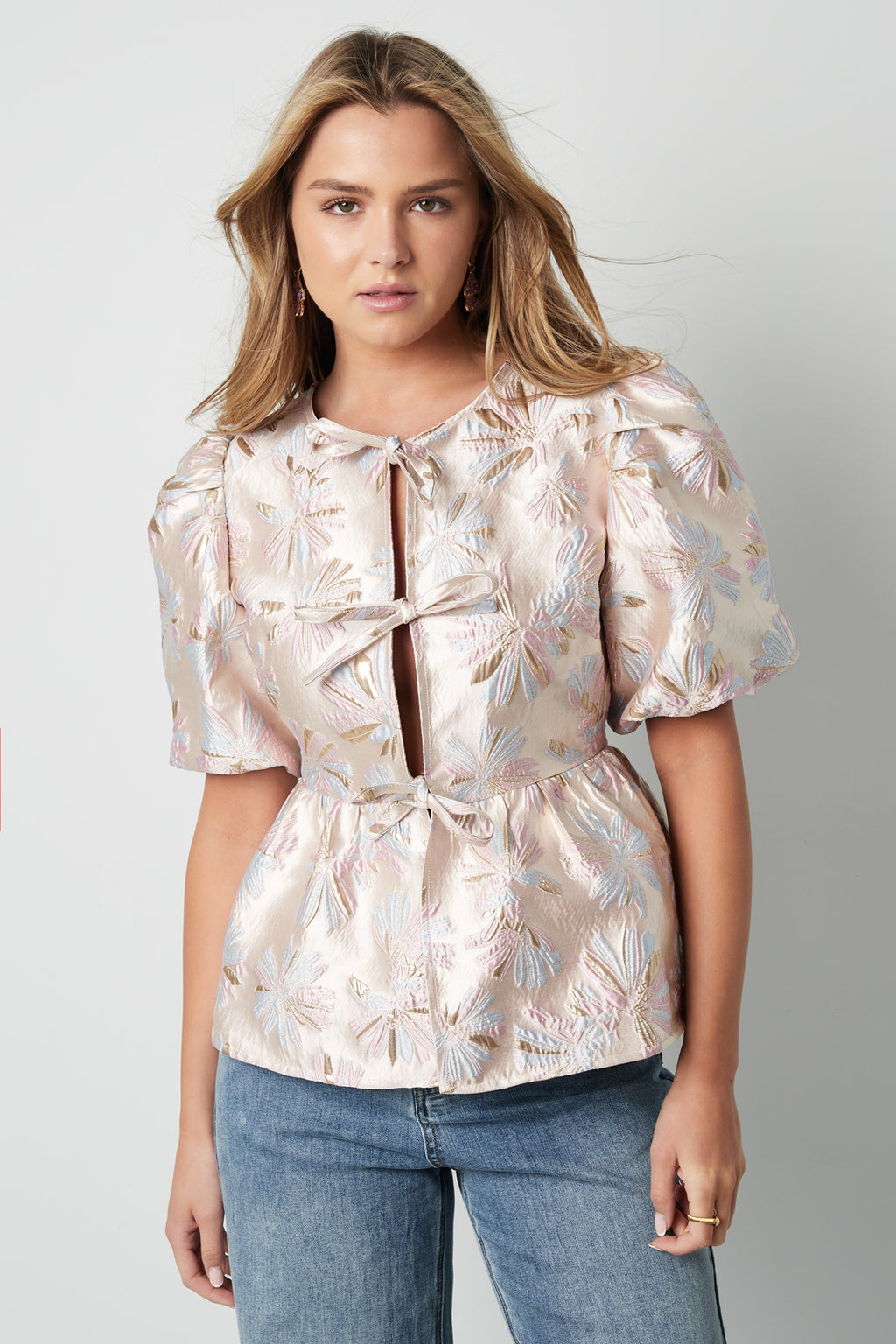 Geweven Polyestervezel Vrouwen Korte Mouw Top Elegante Bloemenprint