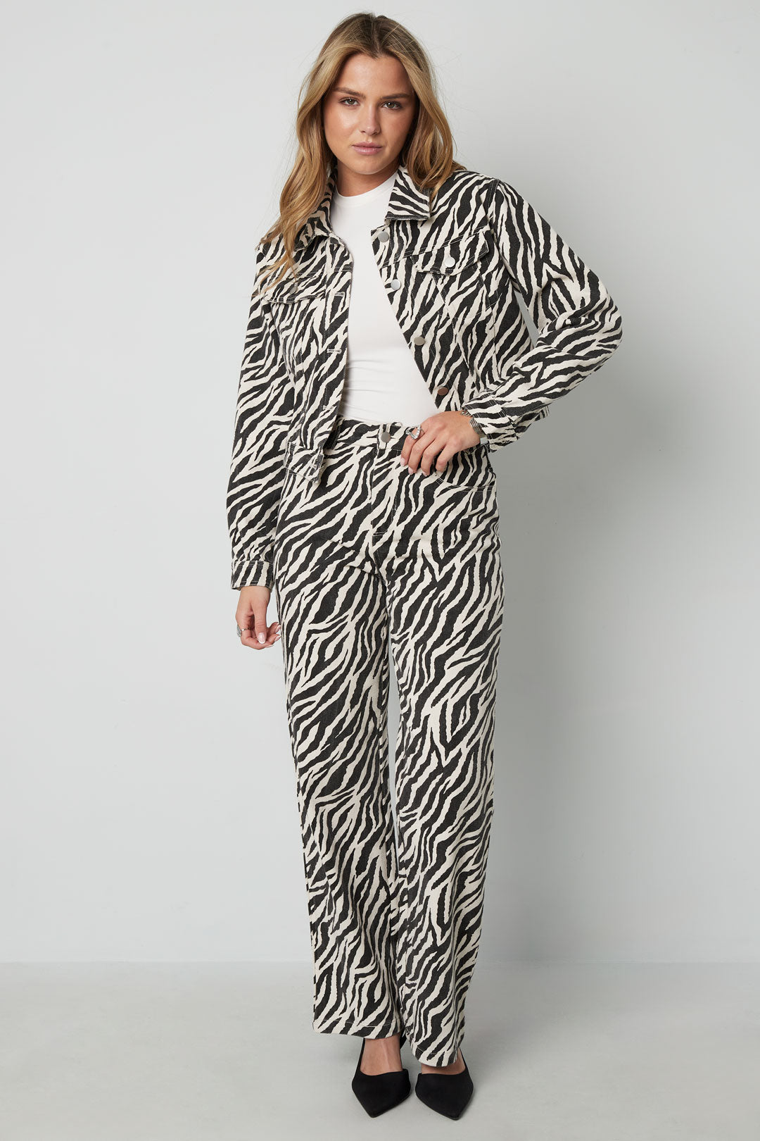 Geweven Katoen Vrouwen Rechte Broek Casual Zebra Strepen