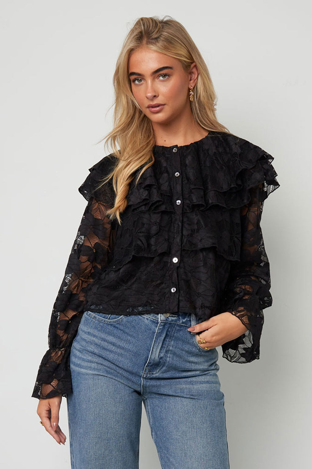 Geweven Polyestervezel Vrouwen Overhemd Elegante Bloemenprint Kantenpaneel