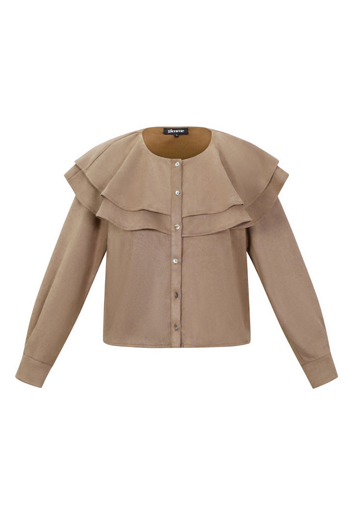 Woven Polyester Fiber Vrouwen Blouse Elegant Ruffle Trim