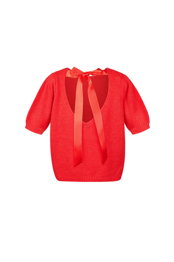 Nylon Vrouwen Korte Mouw Top Gebreid Achterknoop Ontwerp