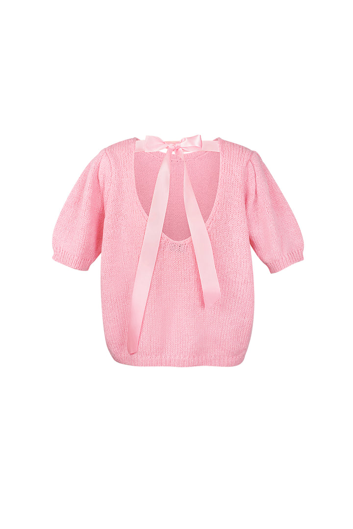 Nylon Vrouwen Korte Mouw Top Gebreid Achterknoop Ontwerp