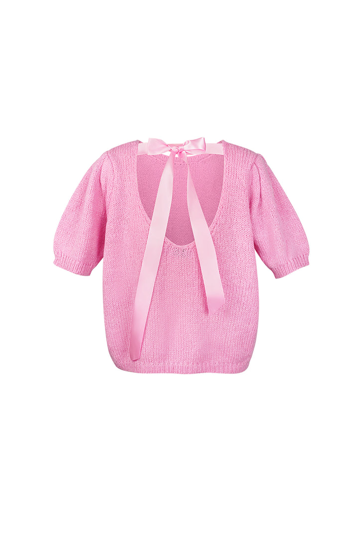 Nylon Vrouwen Korte Mouw Top Gebreid Achterknoop Ontwerp