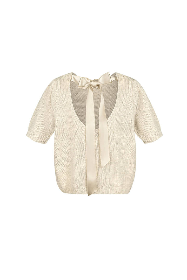 Nylon Vrouwen Korte Mouw Top Gebreid Achterknoop Ontwerp