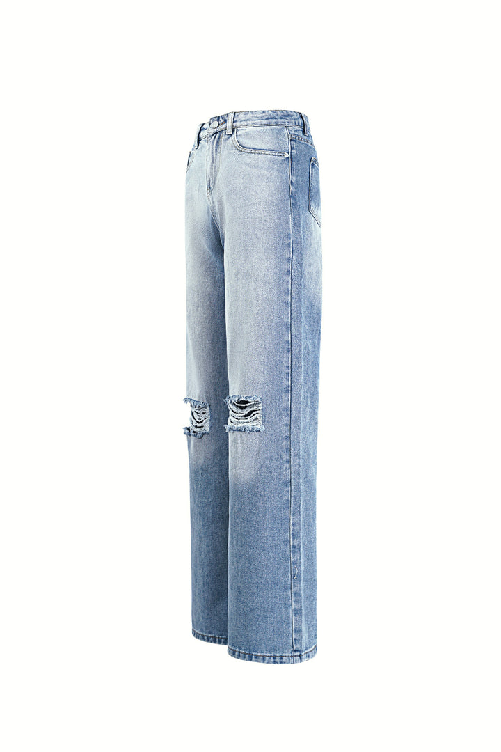 Cotton Woven Vrouwen Straight Leg Jeans Ripped