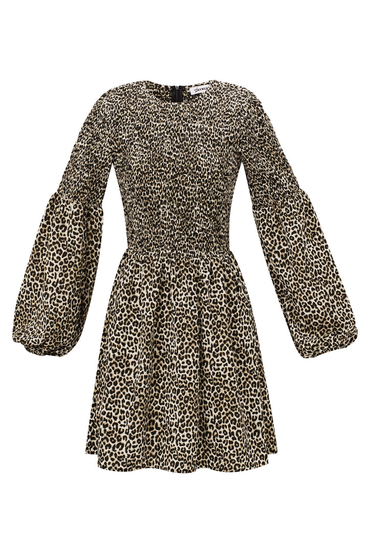 Polyester Vrouwen Mini Jurk Luipaardprint Puff Mouw