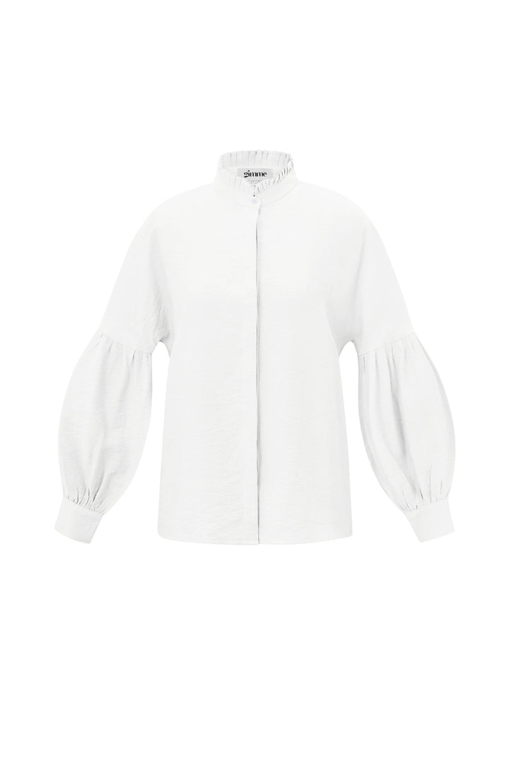 Viscose Vrouwen Overhemd Puff Mouw Hoge Kraag