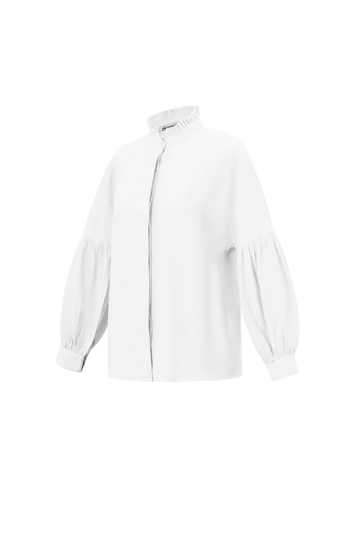 Viscose Vrouwen Overhemd Puff Mouw Hoge Kraag