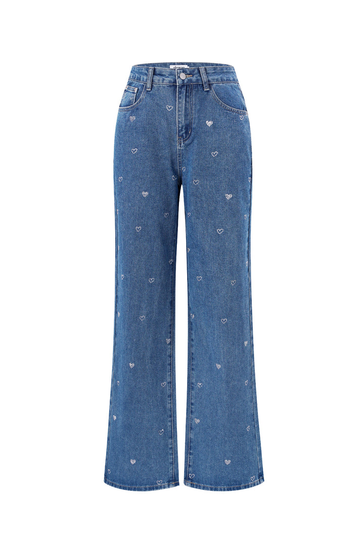 Cotton Woven Vrouwen Rechte Jeans Hart Borduurwerk Casual