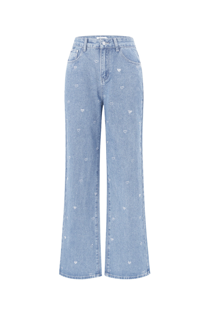 Cotton Woven Vrouwen Rechte Jeans Hart Borduurwerk Casual
