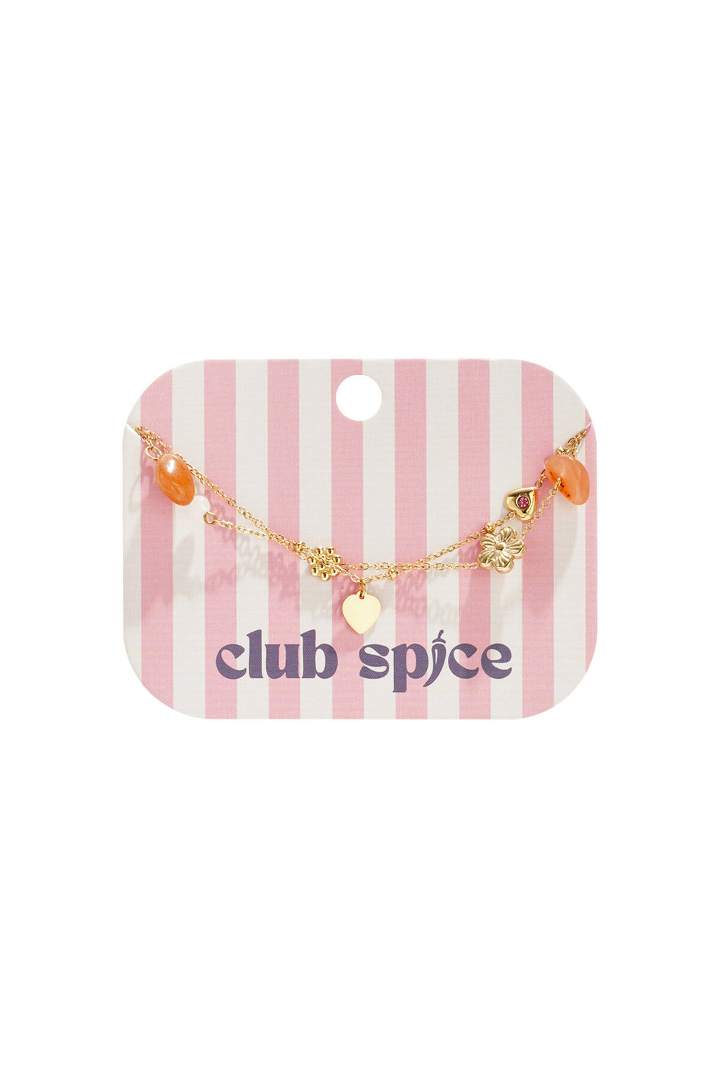 Bedelarmband met oranje kralen, bloemen en hartjes