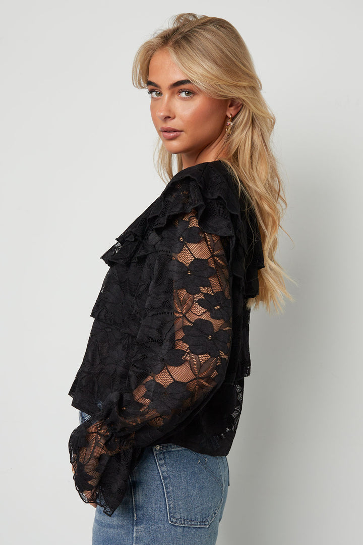Geweven Polyestervezel Vrouwen Overhemd Elegante Bloemenprint Kantenpaneel