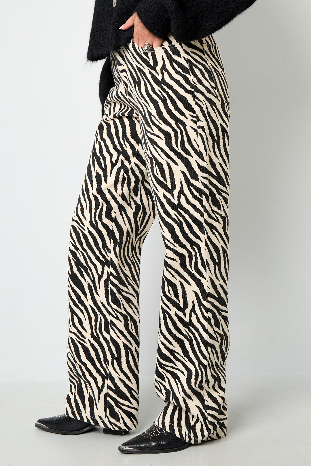 Geweven Katoen Vrouwen Rechte Broek Casual Zebra Strepen