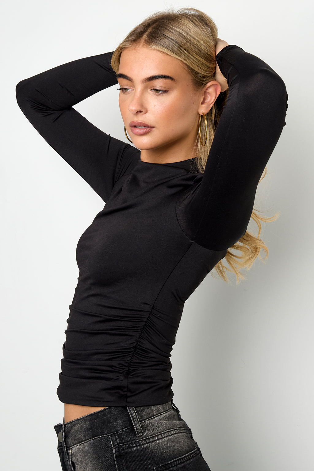 Gebreide Nylon Vrouwen Lange Mouw Top Basis Solide Kleur