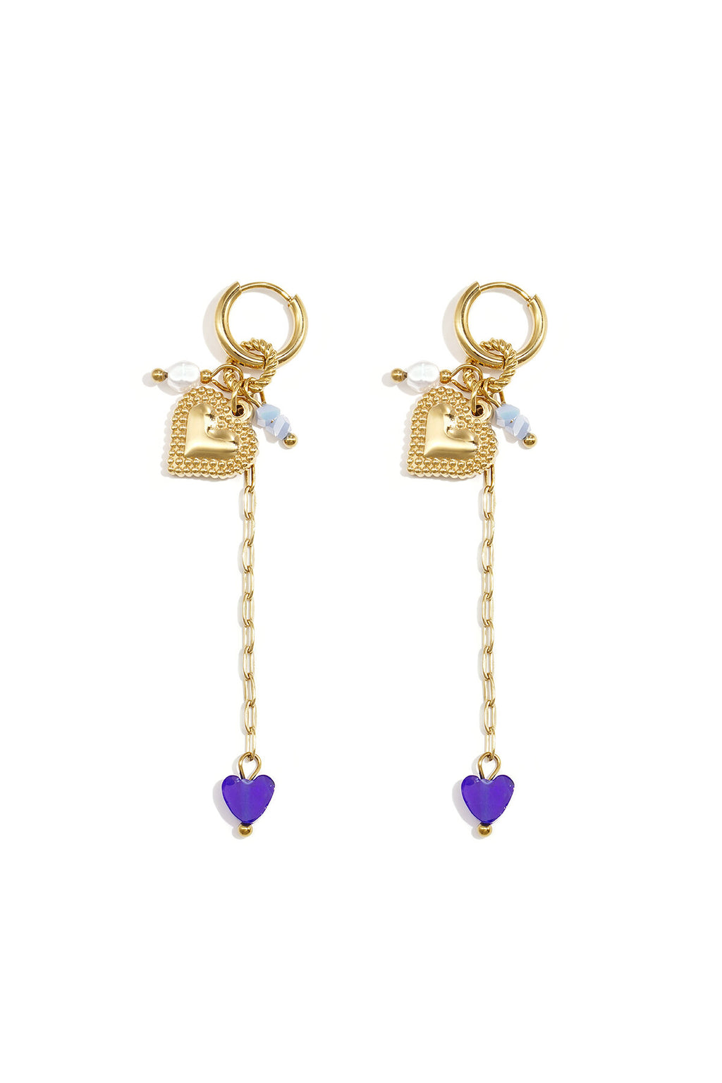 Oorringetjes met lange ketting, hart en kraaltjes