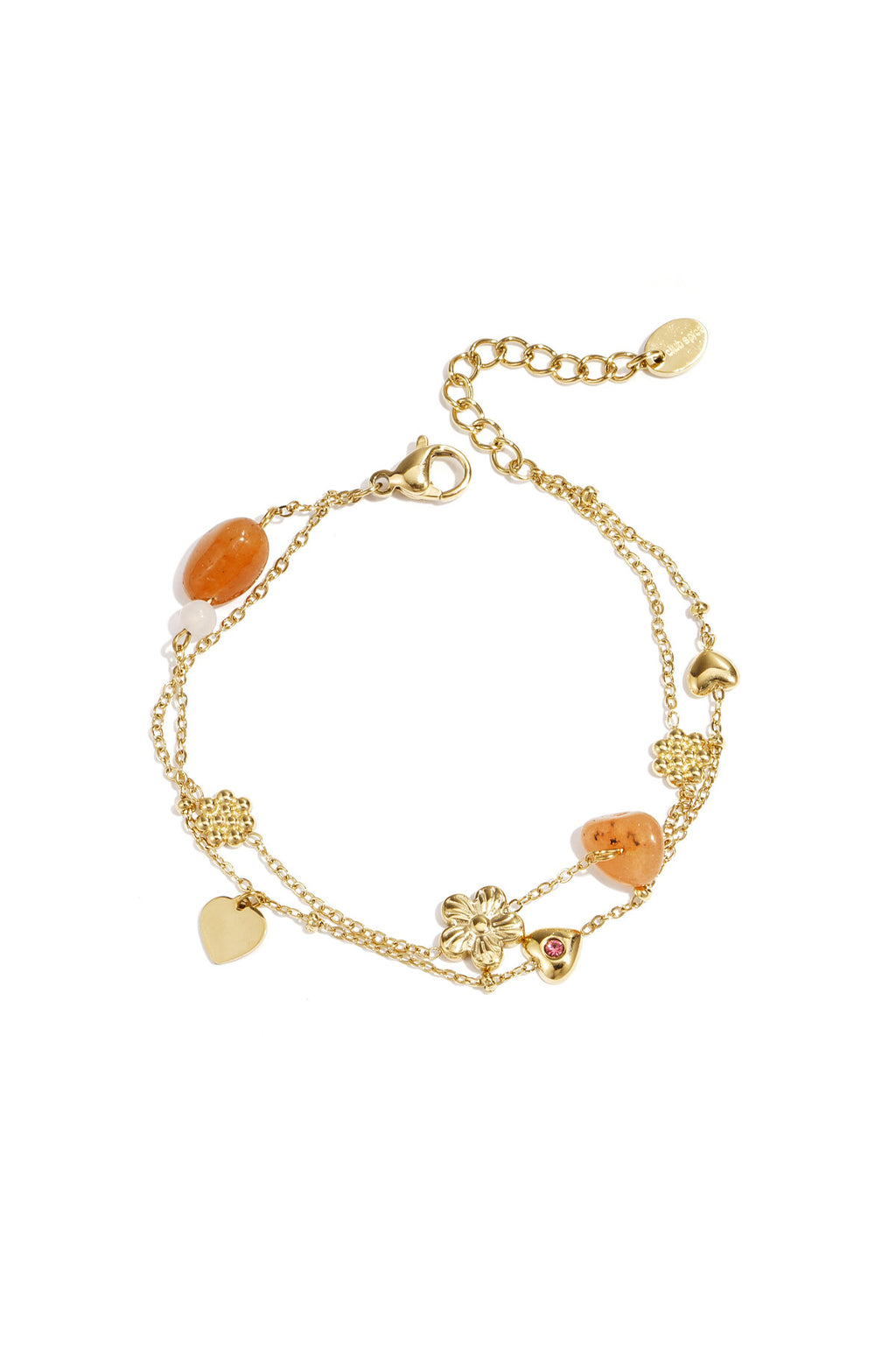 Bedelarmband met oranje kralen, bloemen en hartjes