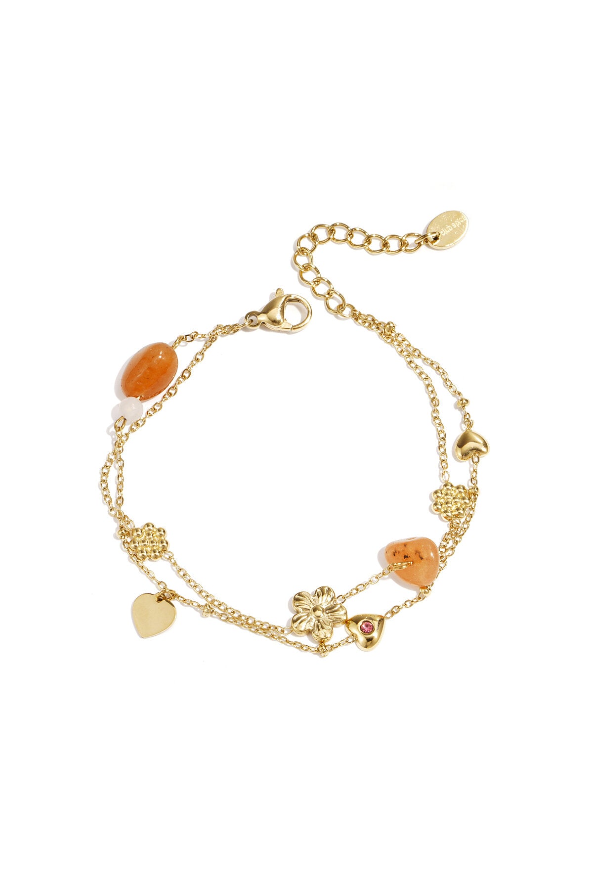 Bedelarmband met oranje kralen, bloemen en hartjes