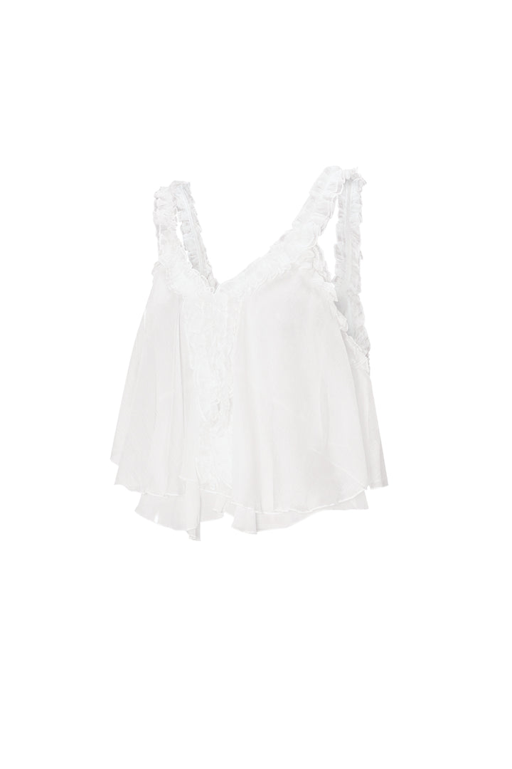 Geweven Witte Mouwloze Top Casual Solide Kleur Ruchesrand