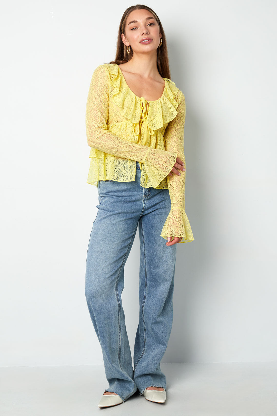 Geweven kant Dames Lange Mouwen Top Elegante Ruches