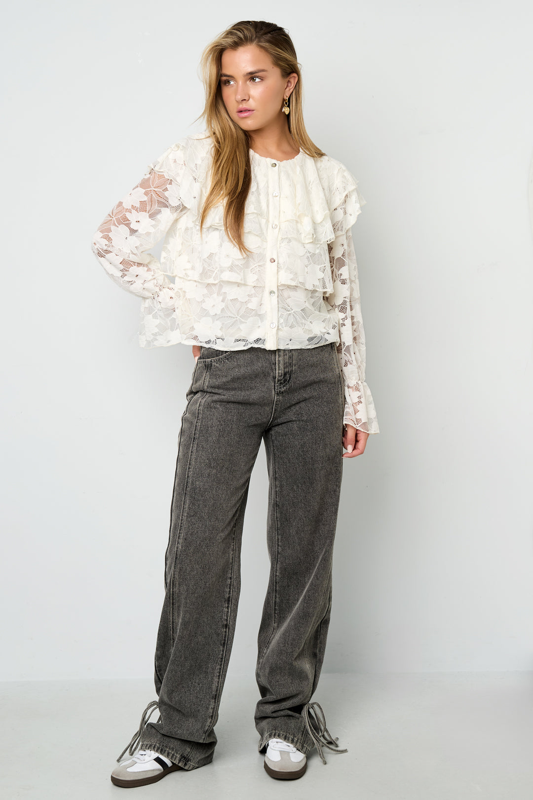 Geweven Polyestervezel Vrouwen Overhemd Elegante Bloemenprint Kantenpaneel