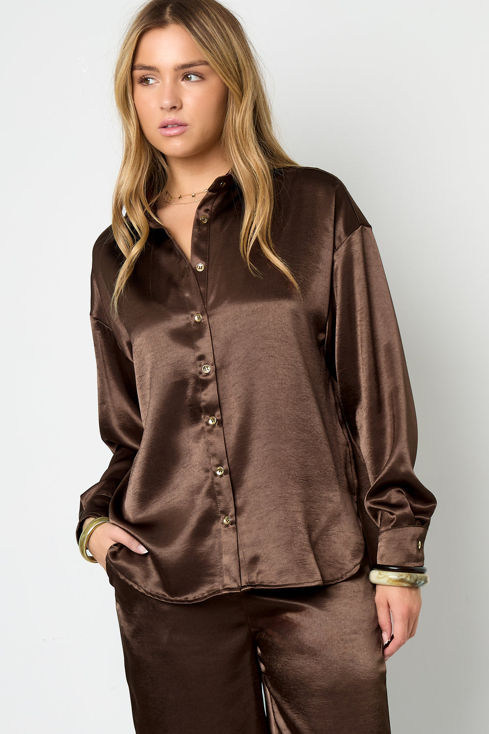 Woven Polyester Fiber Vrouwen Overhemd Casual Solid Color Basic
