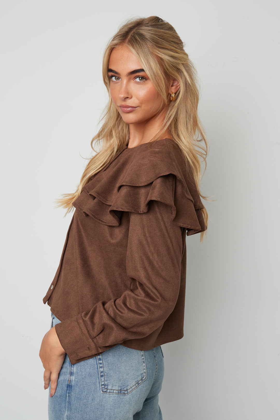 Woven Polyester Fiber Vrouwen Blouse Elegant Ruffle Trim