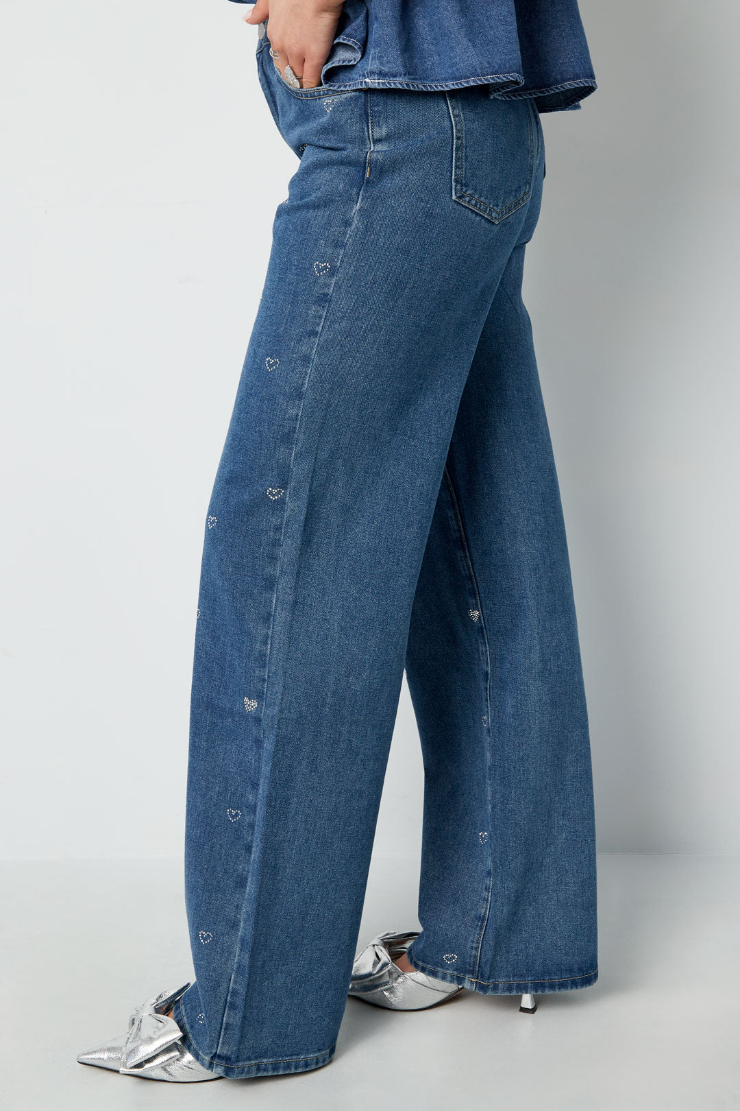 Cotton Woven Vrouwen Rechte Jeans Hart Borduurwerk Casual