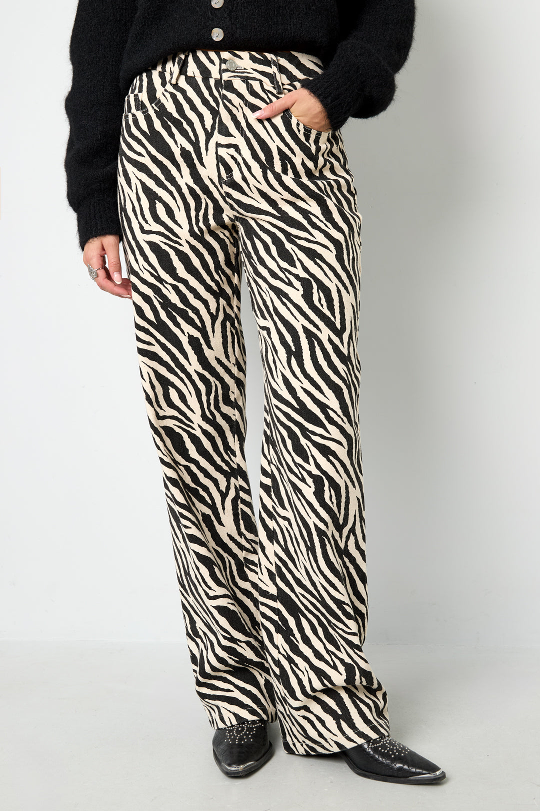 Geweven Katoen Vrouwen Rechte Broek Casual Zebra Strepen