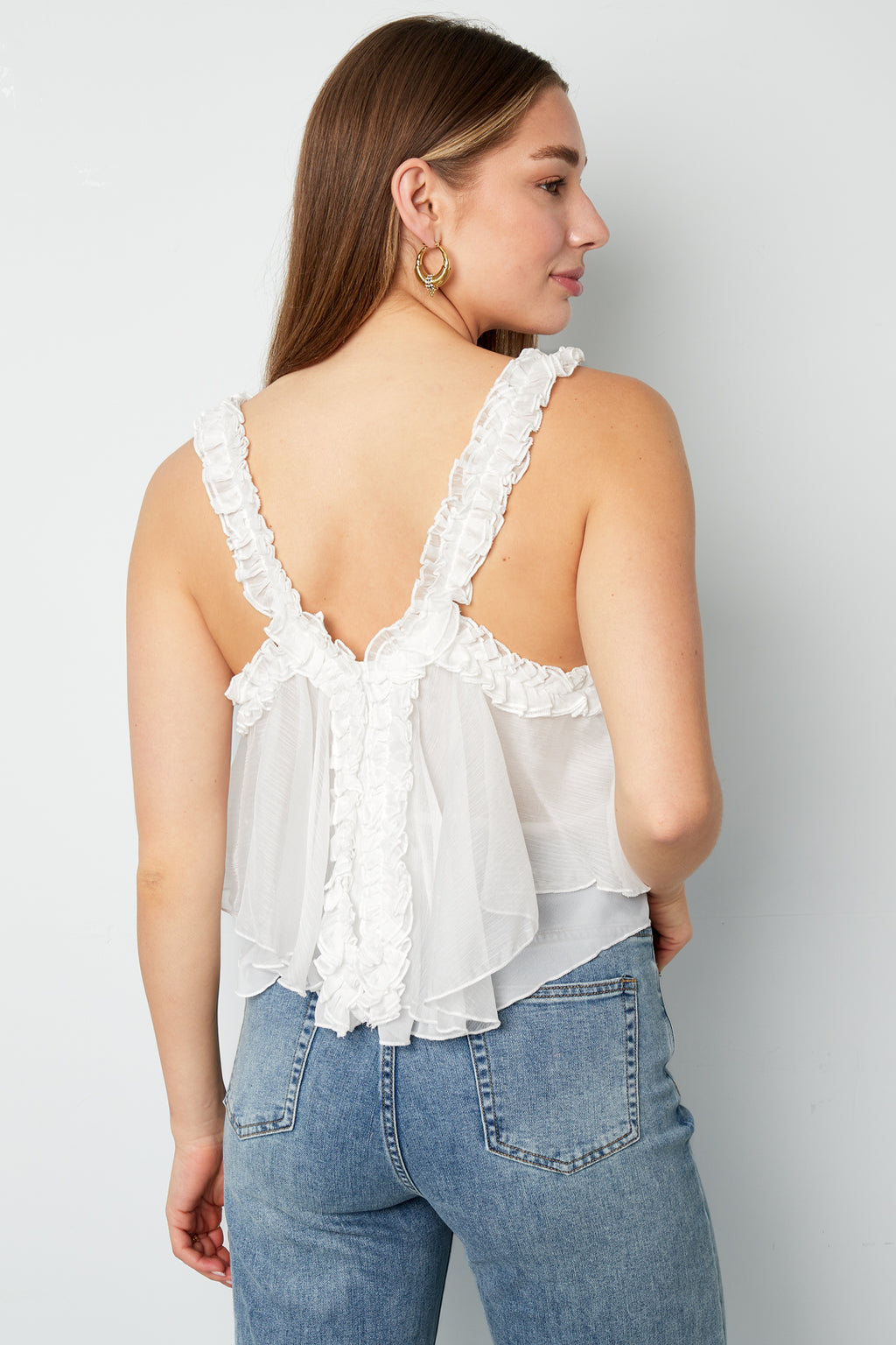 Geweven Witte Mouwloze Top Casual Solide Kleur Ruchesrand