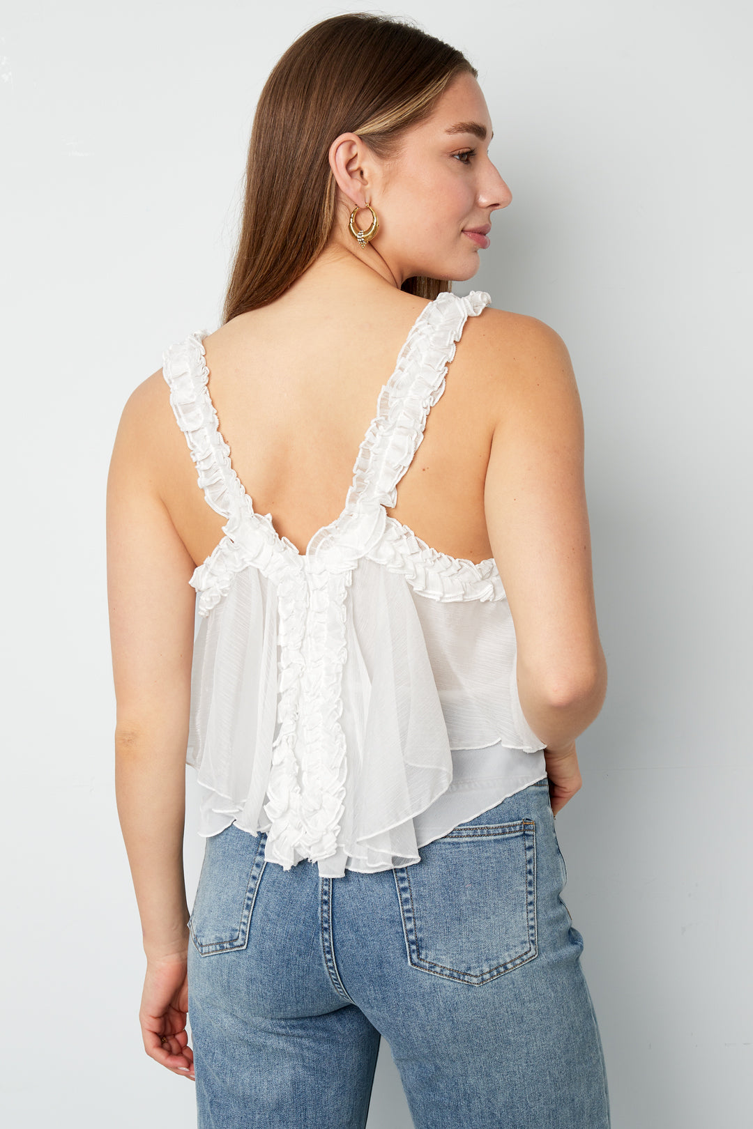 Geweven Witte Mouwloze Top Casual Solide Kleur Ruchesrand