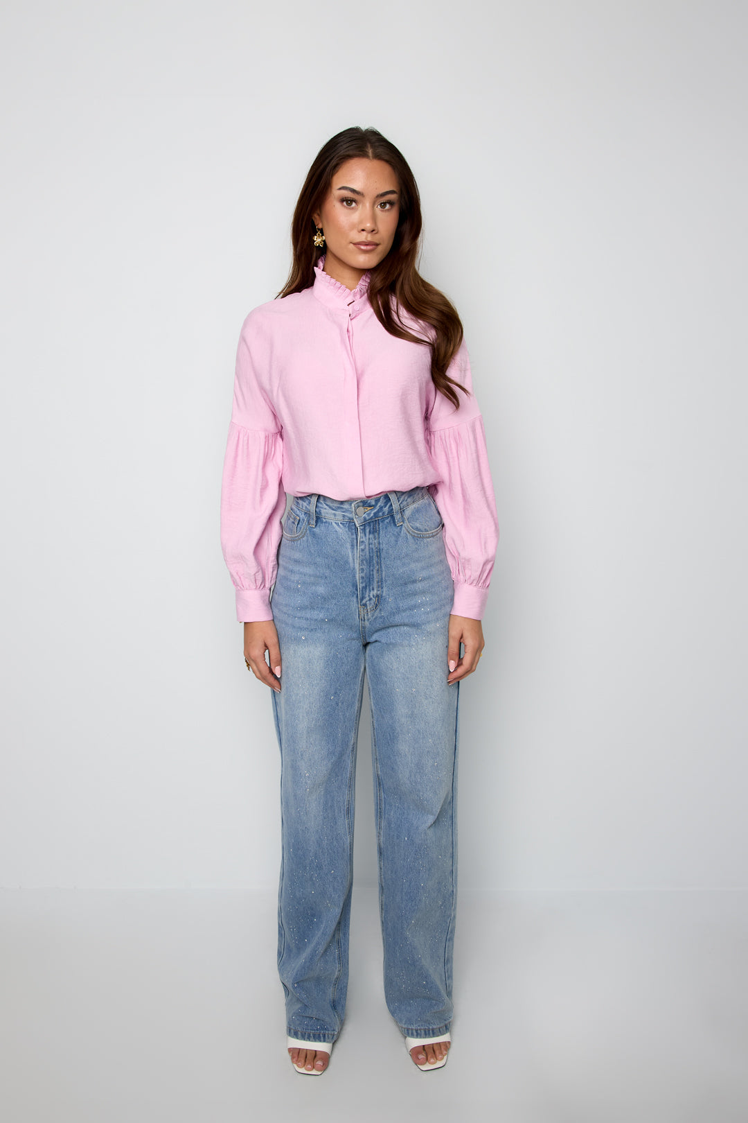 Viscose Vrouwen Overhemd Puff Mouw Hoge Kraag
