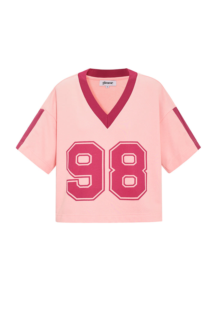 Gebreide Katoen Vrouwen V-hals T-shirt Sportief Kleurcontrast