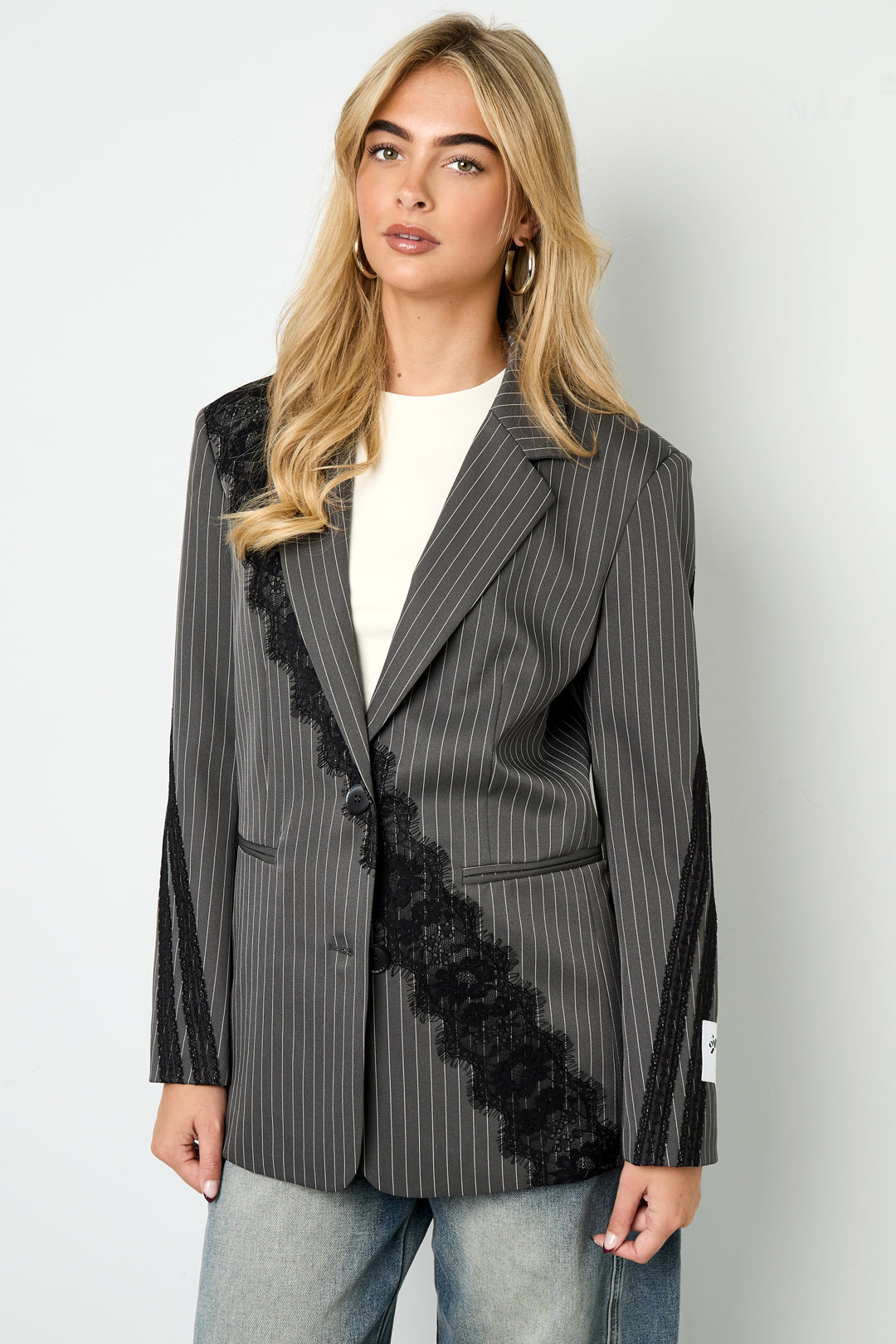Geweven Polyestervezel Vrouwen Suit Set Elegant Strepen Kantenpaneel